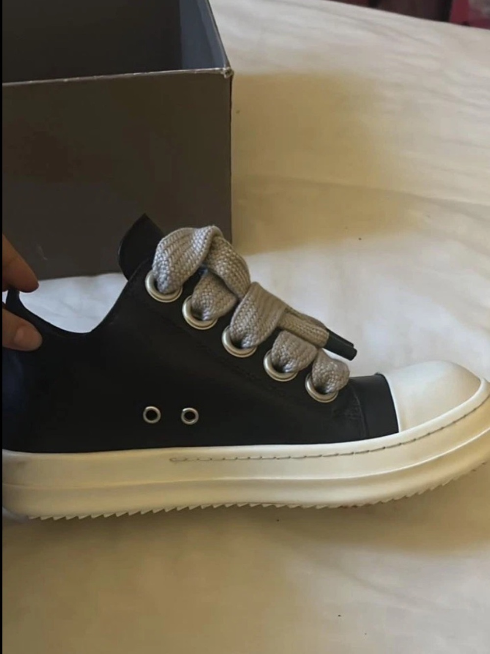 Rick Owens Black Leather Low-Top Sneakers with White Toe and Cream Laces